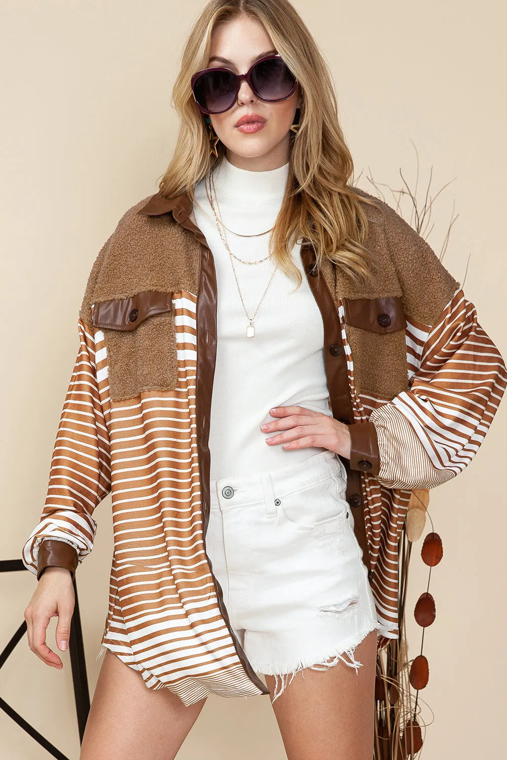 🌑 Khaki Faux Leather & Sherpa Striped Shirt Jacket – A Must-Have for Your Next 'I Got This' Moment 💥