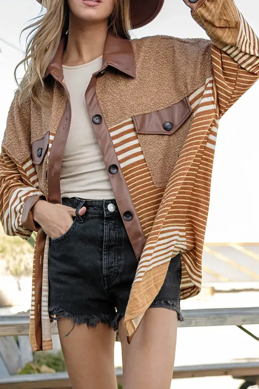 🌑 Khaki Faux Leather & Sherpa Striped Shirt Jacket – A Must-Have for Your Next 'I Got This' Moment 💥