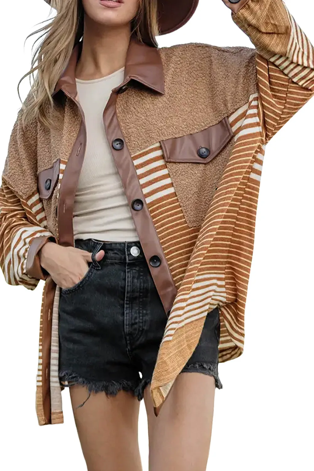 🌑 Khaki Faux Leather & Sherpa Striped Shirt Jacket – A Must-Have for Your Next 'I Got This' Moment 💥