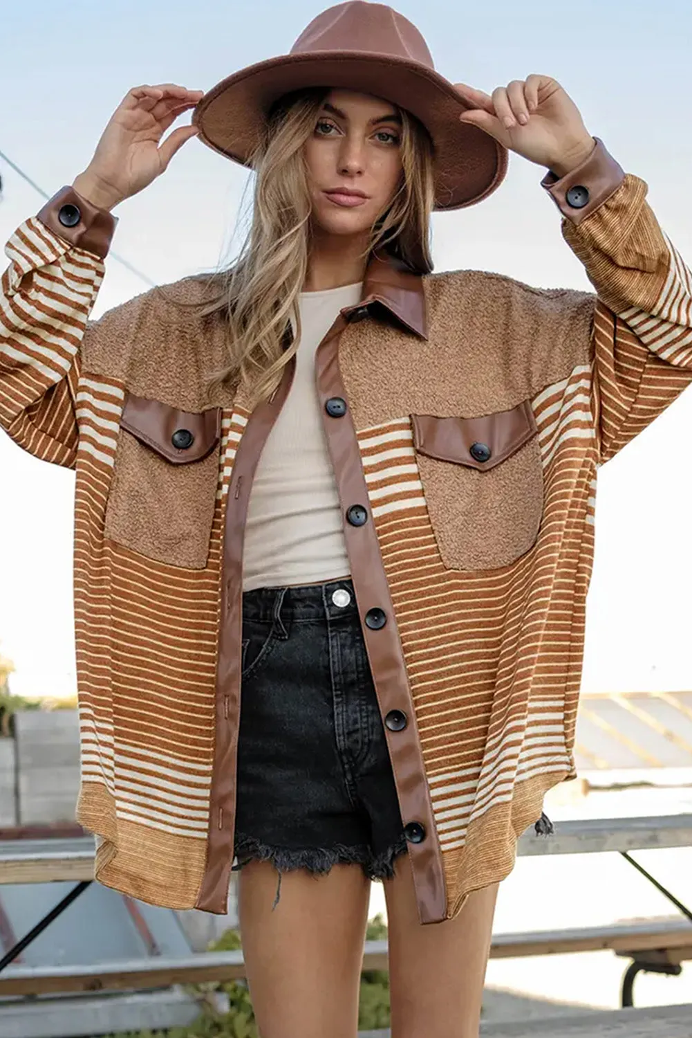 🌑 Khaki Faux Leather & Sherpa Striped Shirt Jacket – A Must-Have for Your Next 'I Got This' Moment 💥