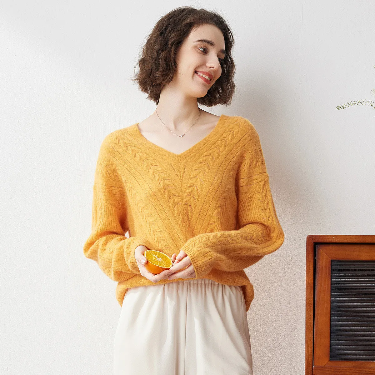 100% Cashmere V Neck Drop Shoulder Sweater