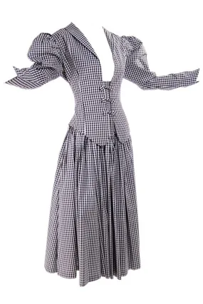 1980s Norma Kamali Black & White Checked Taffeta 2 Pc Victorian Dress