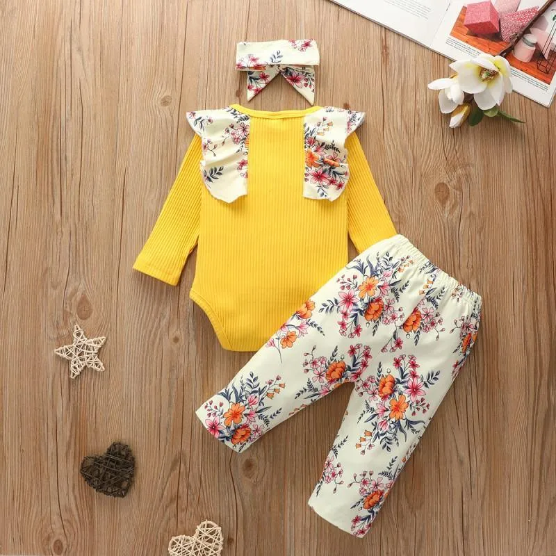 3-piece Floral Printed Bodysuit & Pants & Headband for Baby Girl Wholesale children's clothing