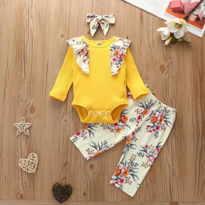 3-piece Floral Printed Bodysuit & Pants & Headband for Baby Girl Wholesale children's clothing