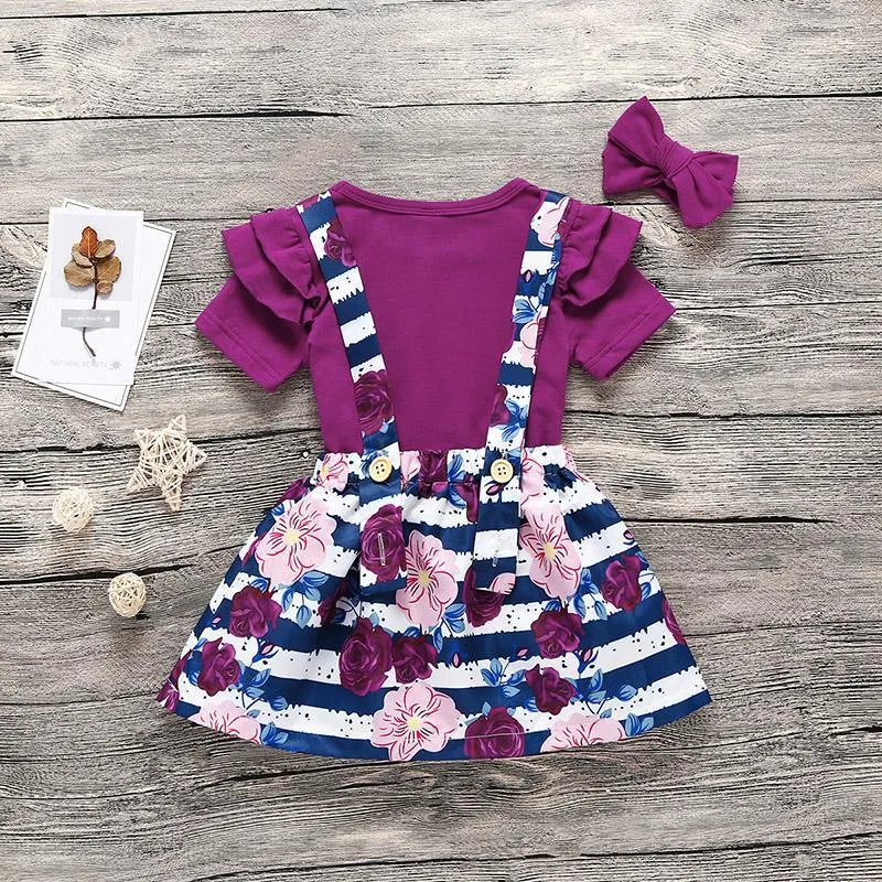 3-piece Solid Ruffle Bodysuit & Floral Printed Braces Skirt & Headband for Toddler Girl Wholesale children's clothing