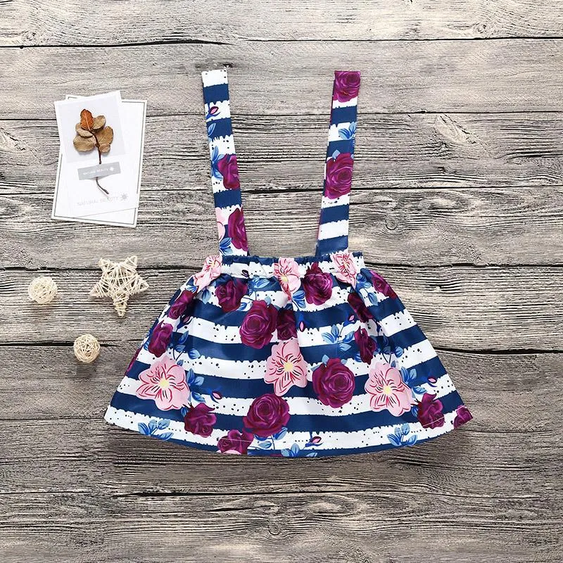 3-piece Solid Ruffle Bodysuit & Floral Printed Braces Skirt & Headband for Toddler Girl Wholesale children's clothing