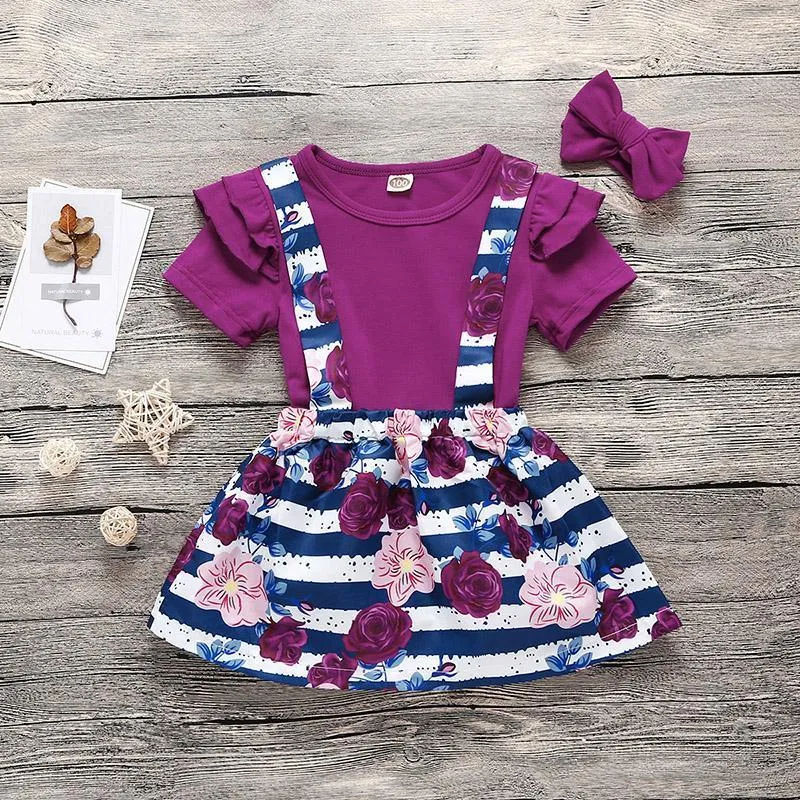 3-piece Solid Ruffle Bodysuit & Floral Printed Braces Skirt & Headband for Toddler Girl Wholesale children's clothing