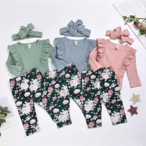 3-piece Solid Ruffle Bodysuit & Floral Printed Pants & Headband for Baby Girl Wholesale children's clothing