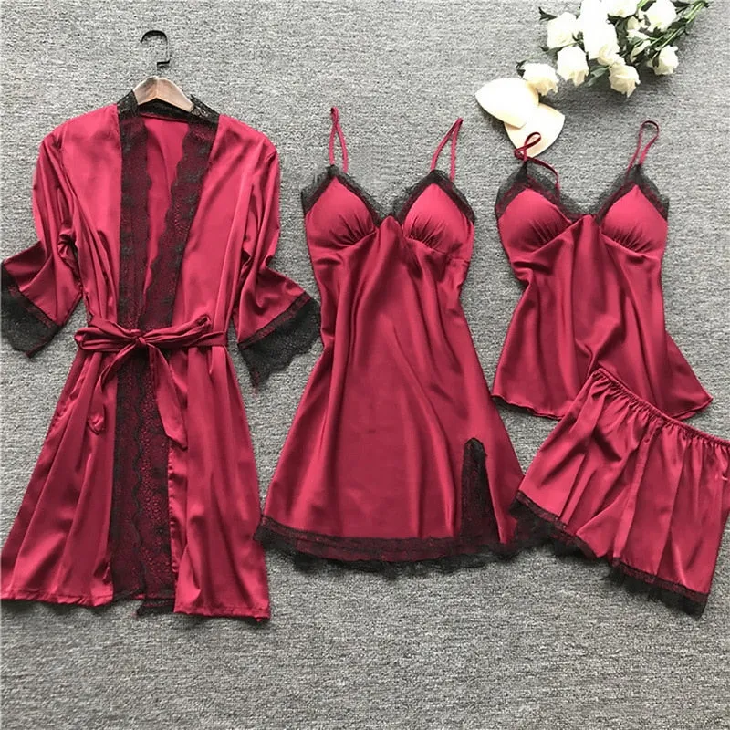 4 Pieces 2021 Women Pajamas Sets Satin Sleepwear Silk Nightwear Pyjama Soild Strap Lace Sleep Lounge Pijama With Chest Pads