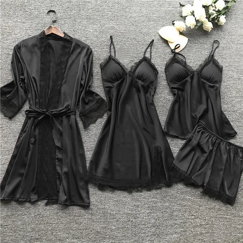 4 Pieces 2021 Women Pajamas Sets Satin Sleepwear Silk Nightwear Pyjama Soild Strap Lace Sleep Lounge Pijama With Chest Pads