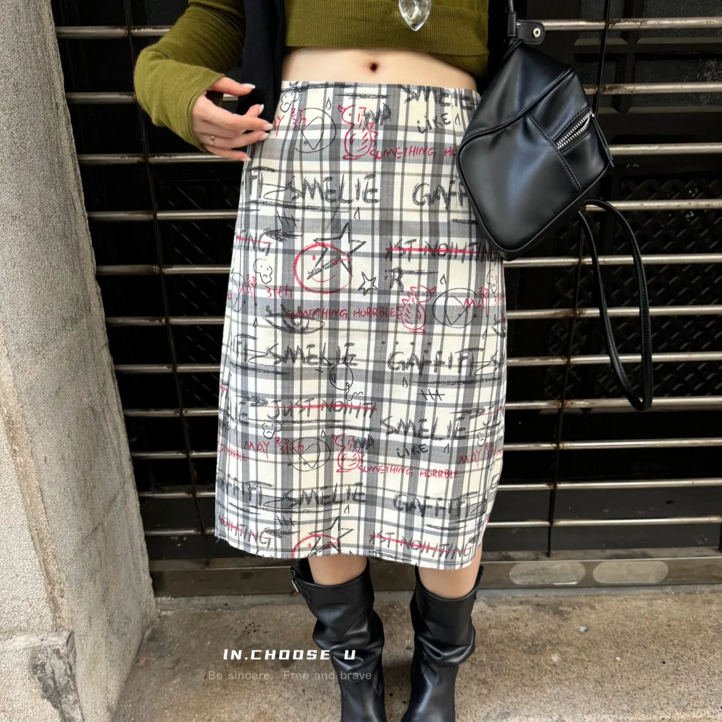 Advbridge jorts mens outfits 2024 Autumn and Winter Urban Commuter Retro Slimming Thick Composite Graffiti Printed Plaid Midi Dress