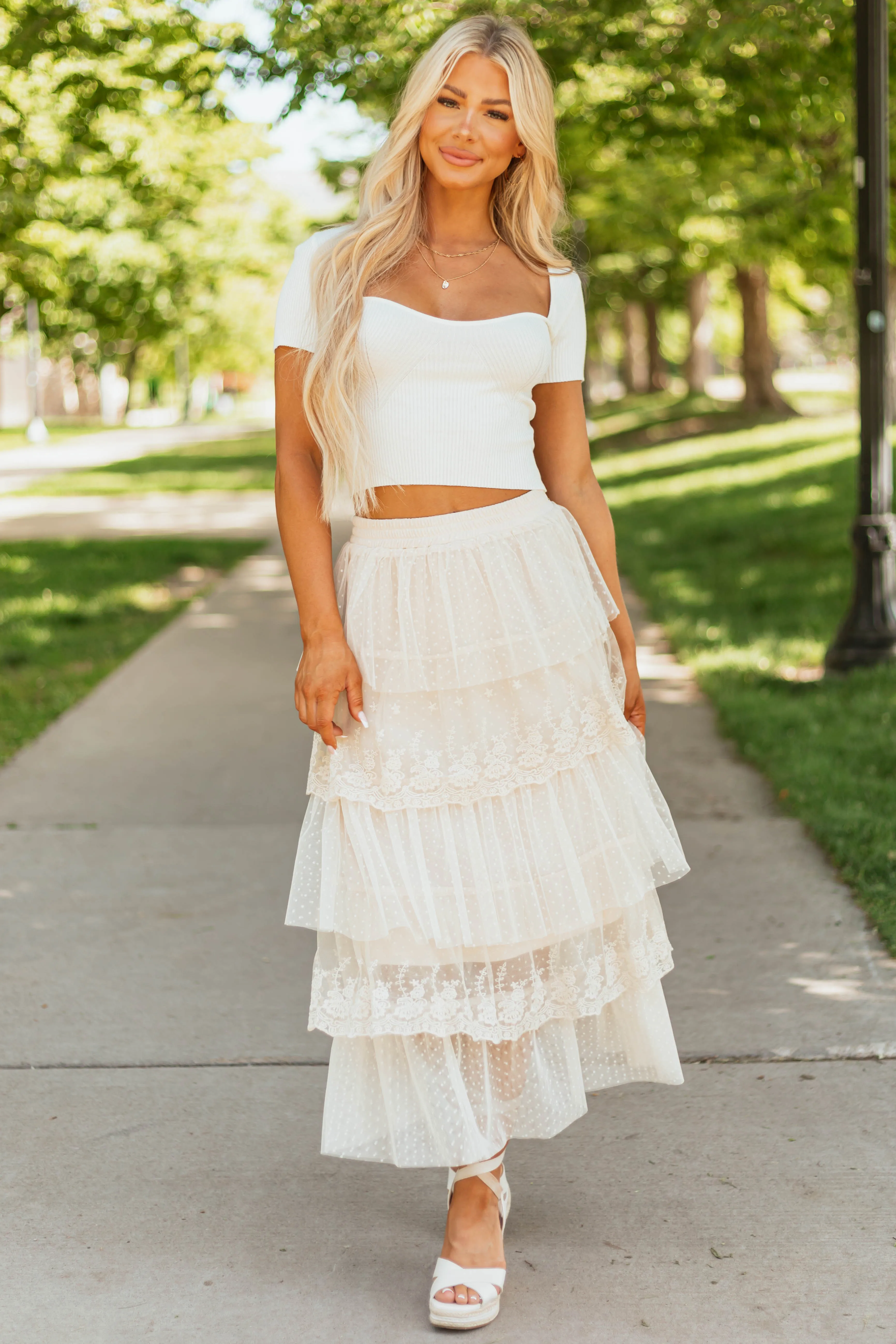 Almond Ruffle Swiss Dot Tulle Midi Skirt