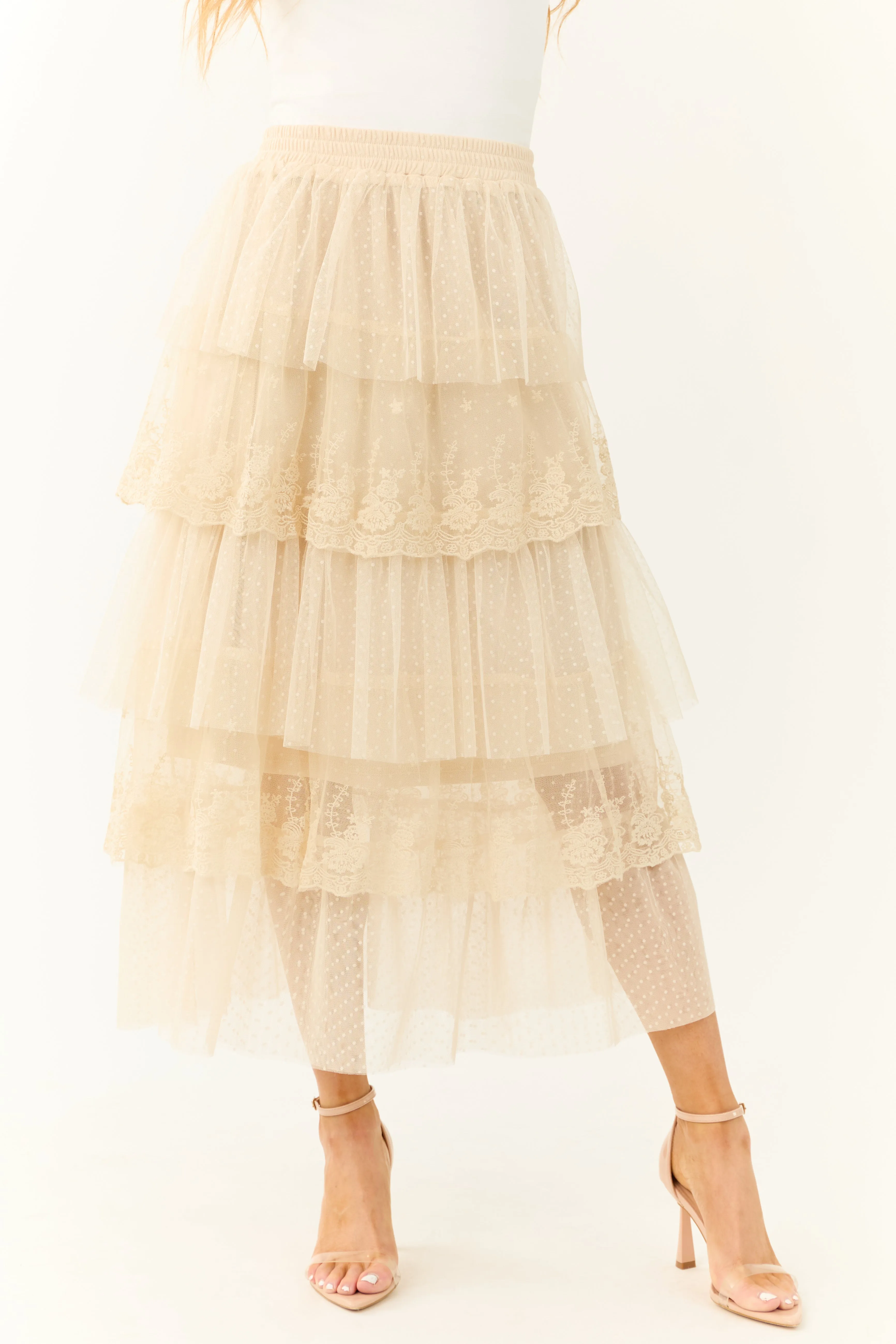 Almond Ruffle Swiss Dot Tulle Midi Skirt