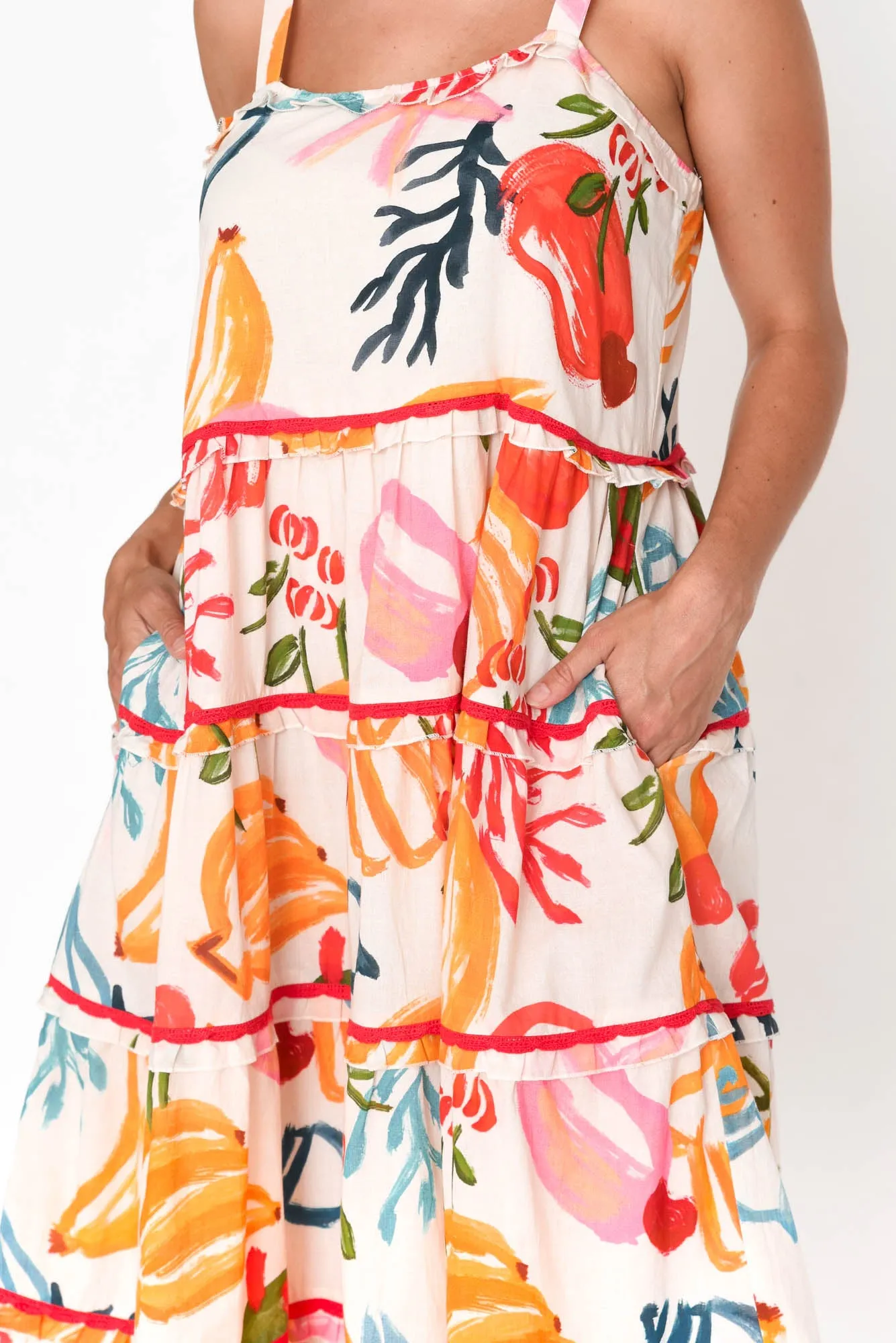 Amarta White Tropical Cotton Tiered Dress