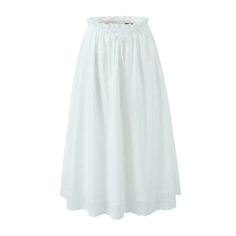 Amozae 2024 Women Summer Bow Tied Midi Skirt Vintage Elastic High Waist White Skirts Streetwear Casual Women's Clothing