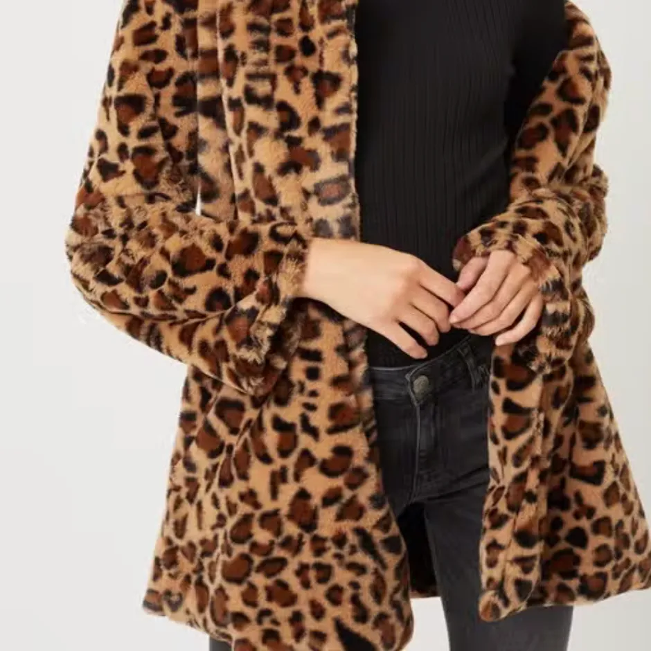 Animal Instinct Notched Collar Leopard Faux Fur Coat