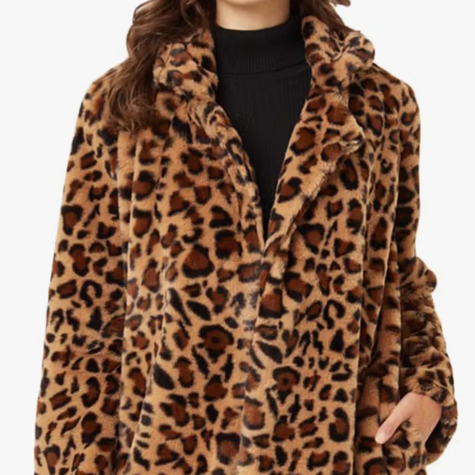 Animal Instinct Notched Collar Leopard Faux Fur Coat