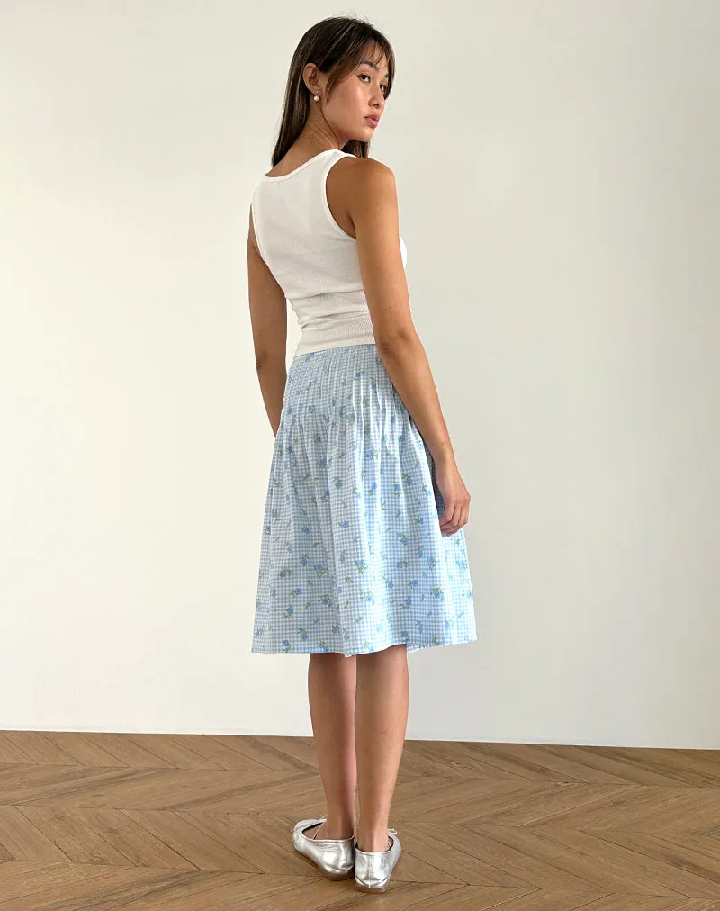 Asada Midi Skirt in Blue Flower Gingham