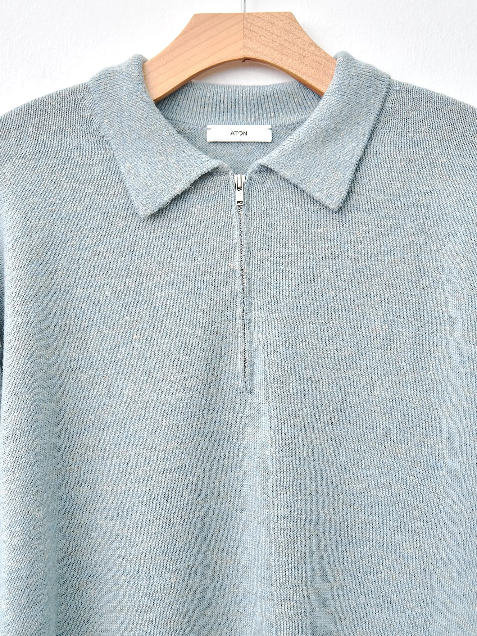 Baby Alpaca Linen Zip Up Polo Sweater - Sax