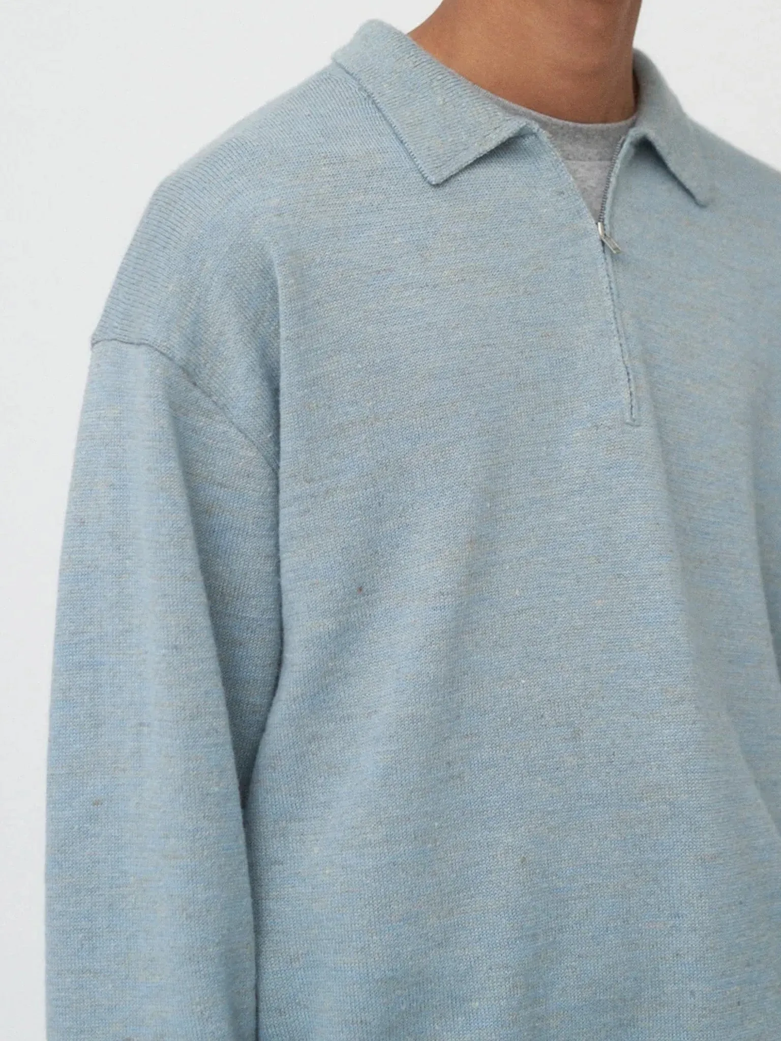 Baby Alpaca Linen Zip Up Polo Sweater - Sax