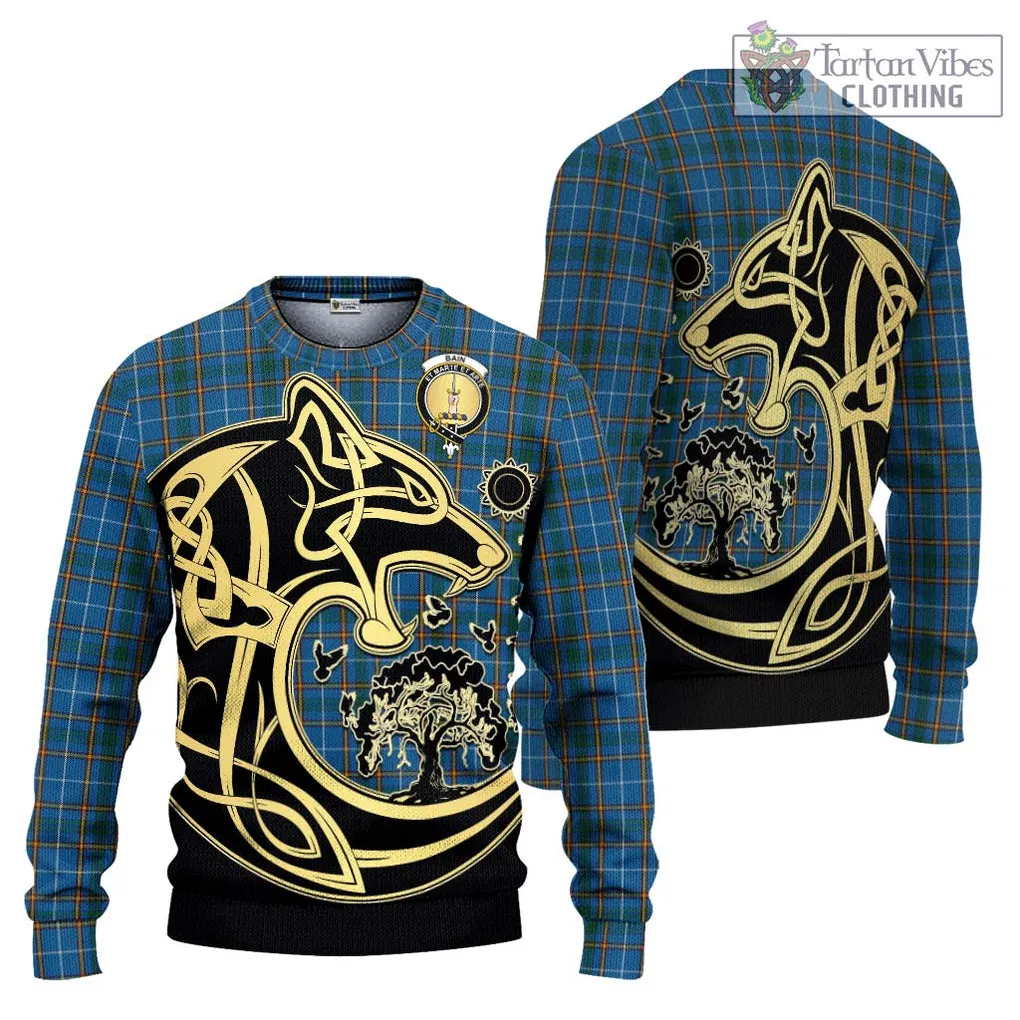 Bain Tartan Ugly Sweater with Family Crest Celtic Wolf Style