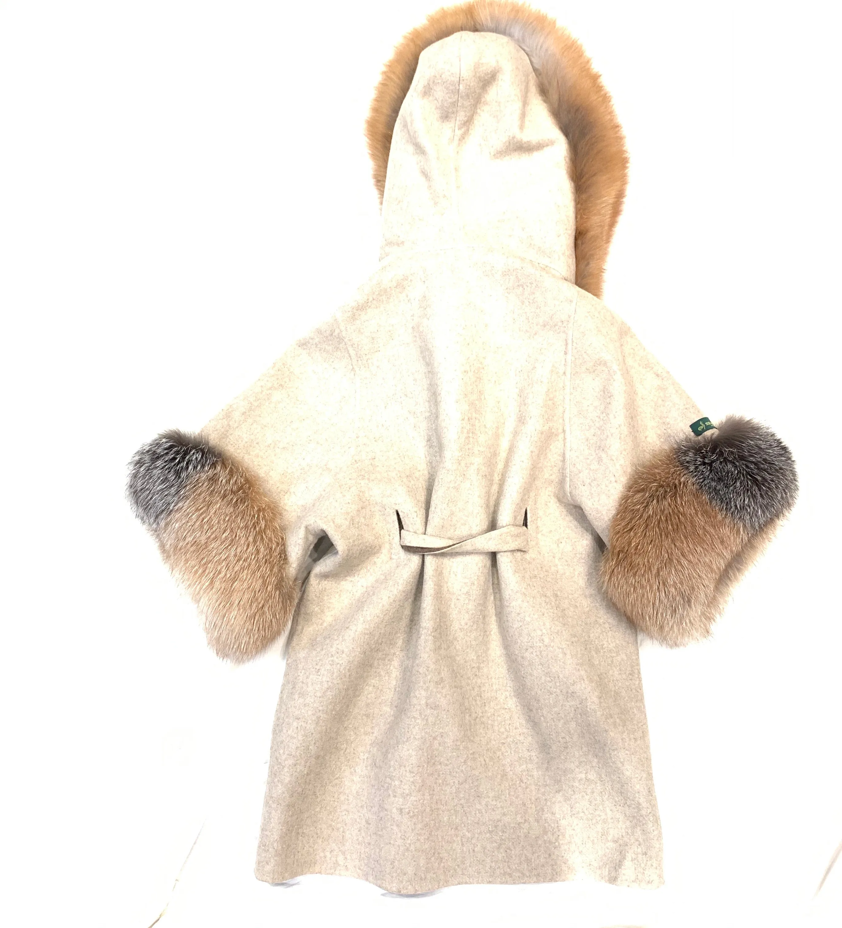 Barya NewYork White Wool Hooded Red Fox Fur 3/4 Poncho Coat