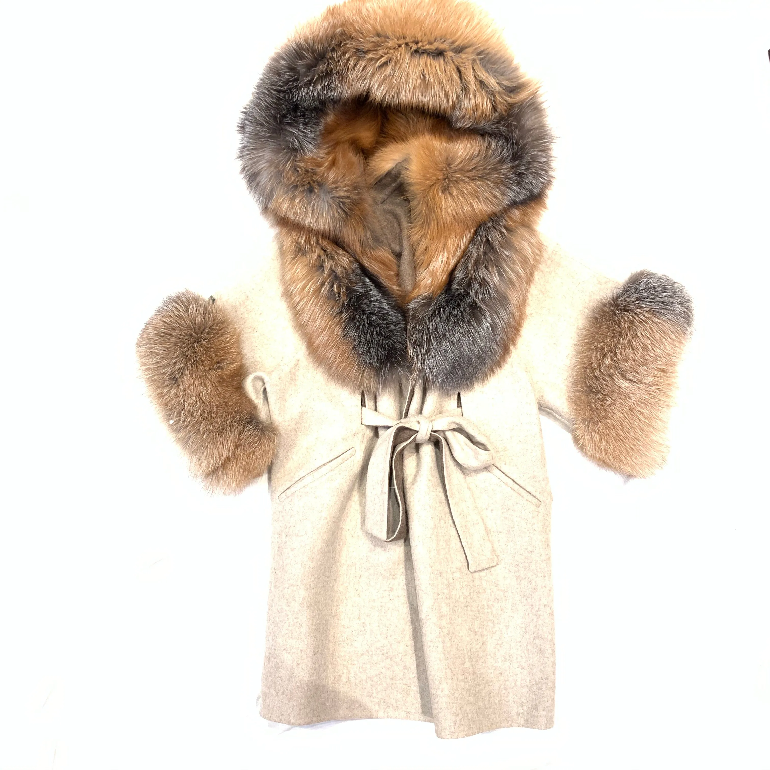 Barya NewYork White Wool Hooded Red Fox Fur 3/4 Poncho Coat