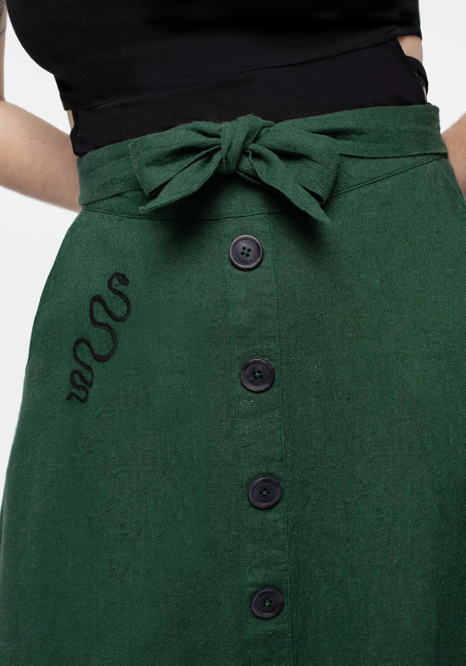 Basilisk Green Linen Blend Button Up Midi Skirt