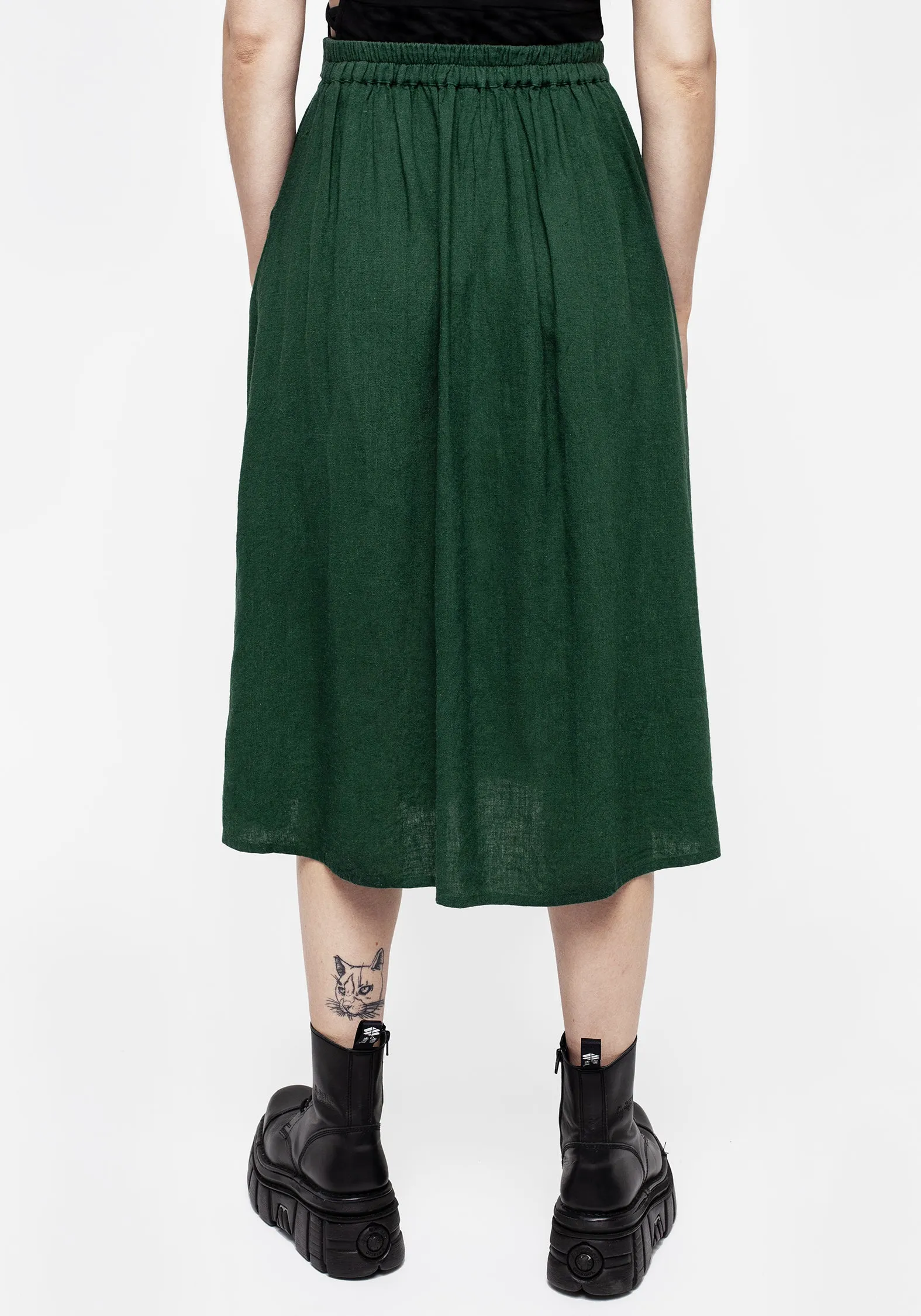 Basilisk Green Linen Blend Button Up Midi Skirt