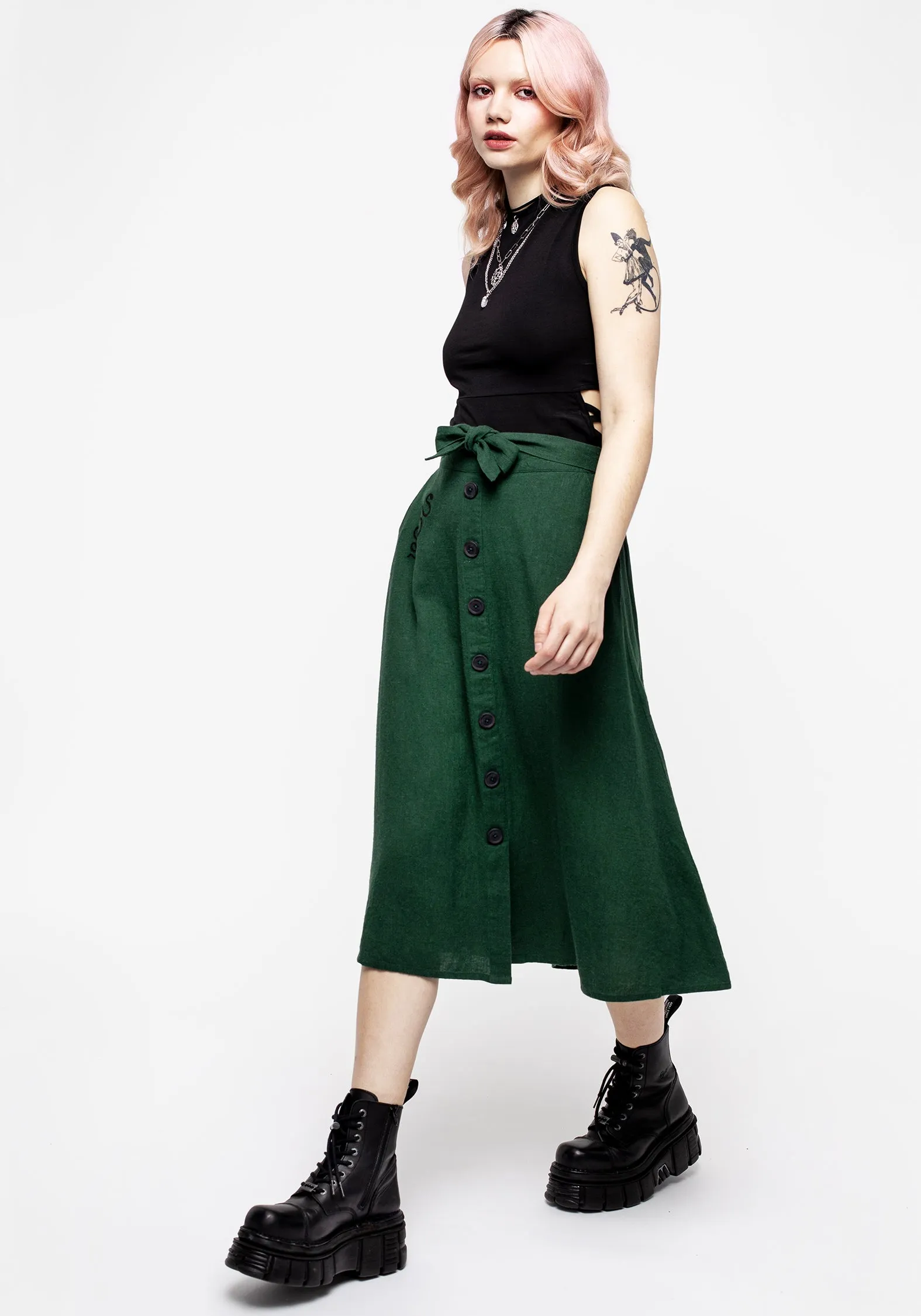 Basilisk Green Linen Blend Button Up Midi Skirt