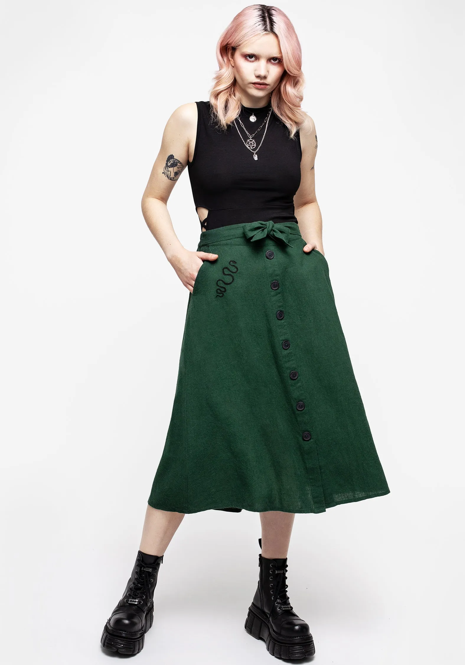 Basilisk Green Linen Blend Button Up Midi Skirt