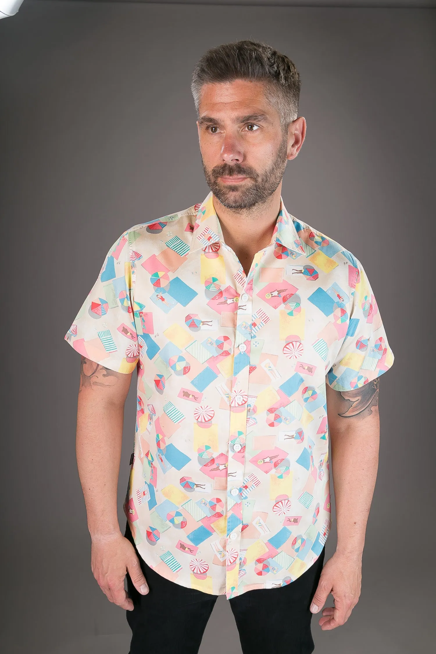 Beach Sunbathing Print Cotton Slim Fit Mens Shirt Short Sleeve