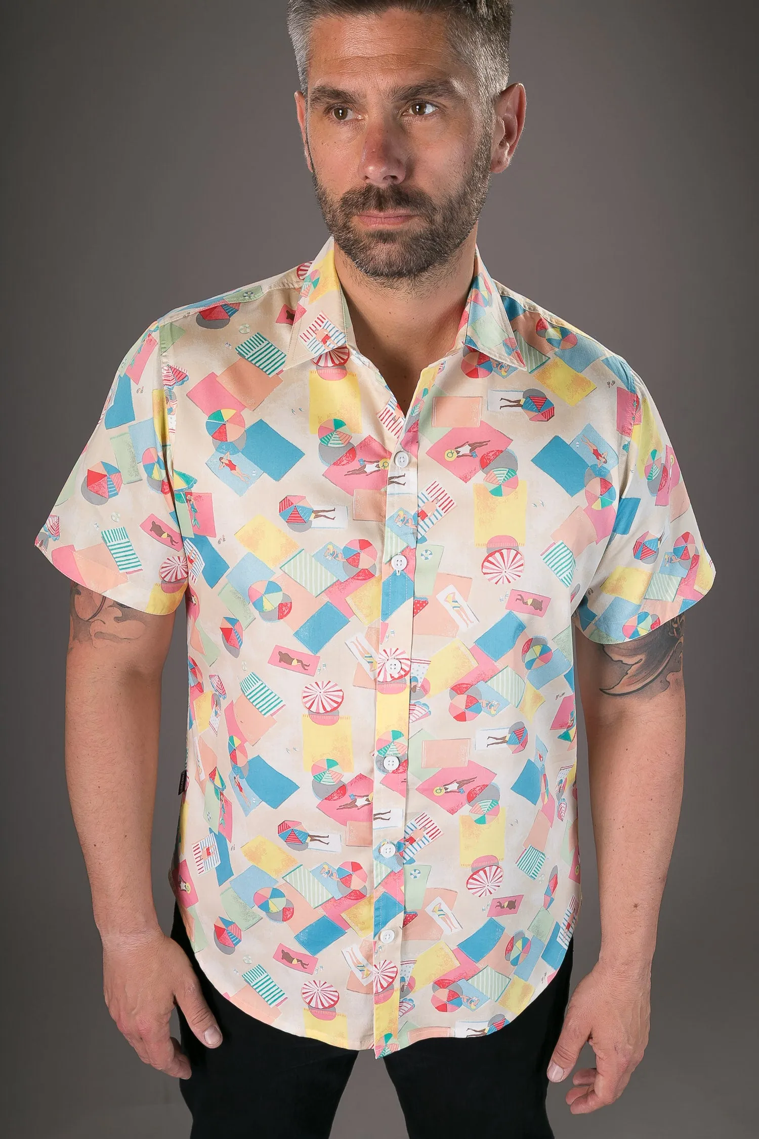 Beach Sunbathing Print Cotton Slim Fit Mens Shirt Short Sleeve