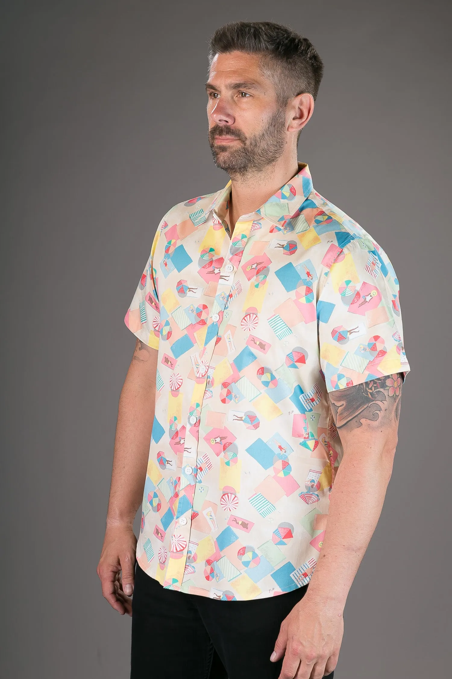 Beach Sunbathing Print Cotton Slim Fit Mens Shirt Short Sleeve