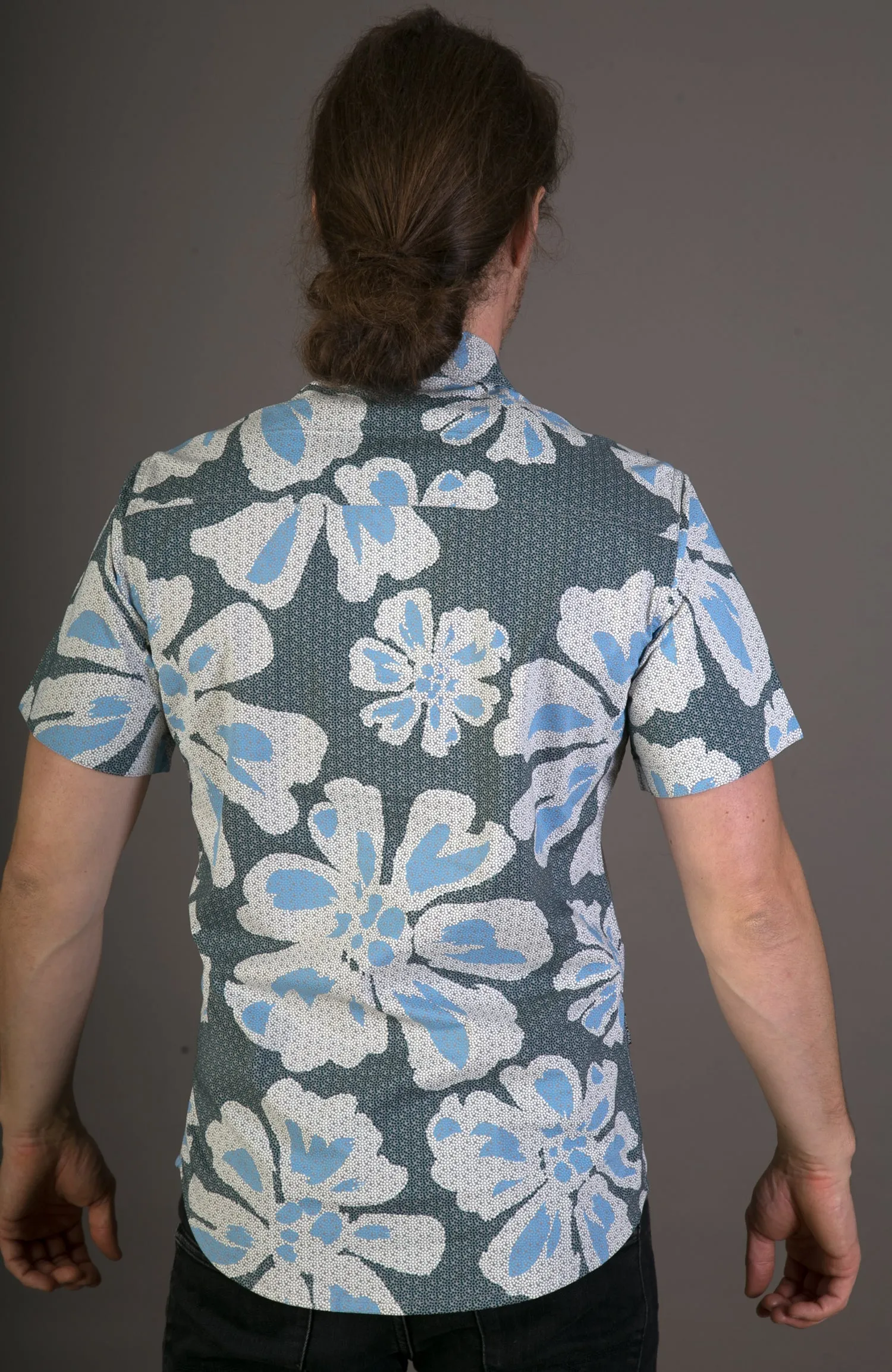 Big Floral Blue Aloha Print Cotton Slim and Regular Fit Mens Shirt Short Sleeve