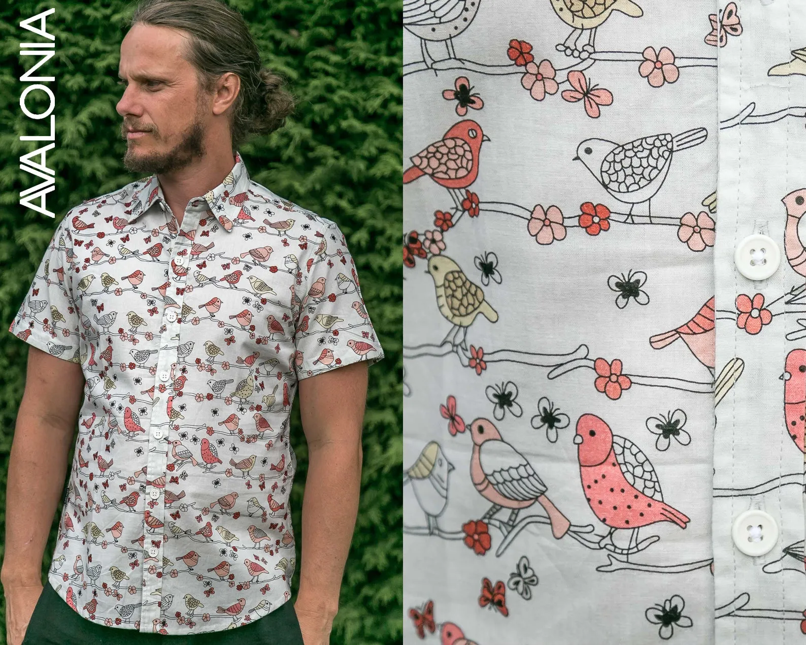 Birds Floral Blue Cotton Slim Fit Mens Shirt Short Sleeve