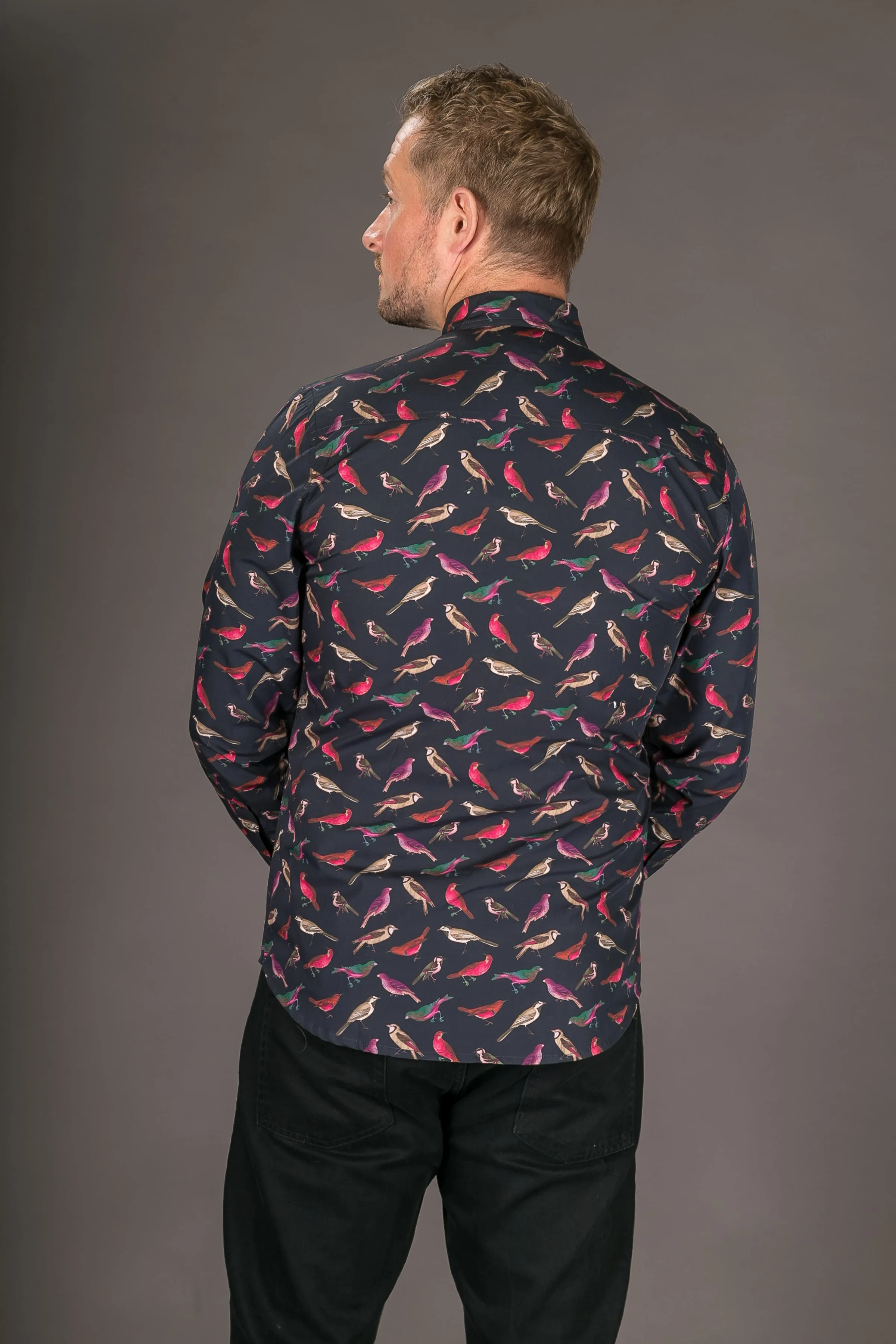 Birds Navy Blue Print Cotton Slim Fit Mens Shirt Long Sleeve