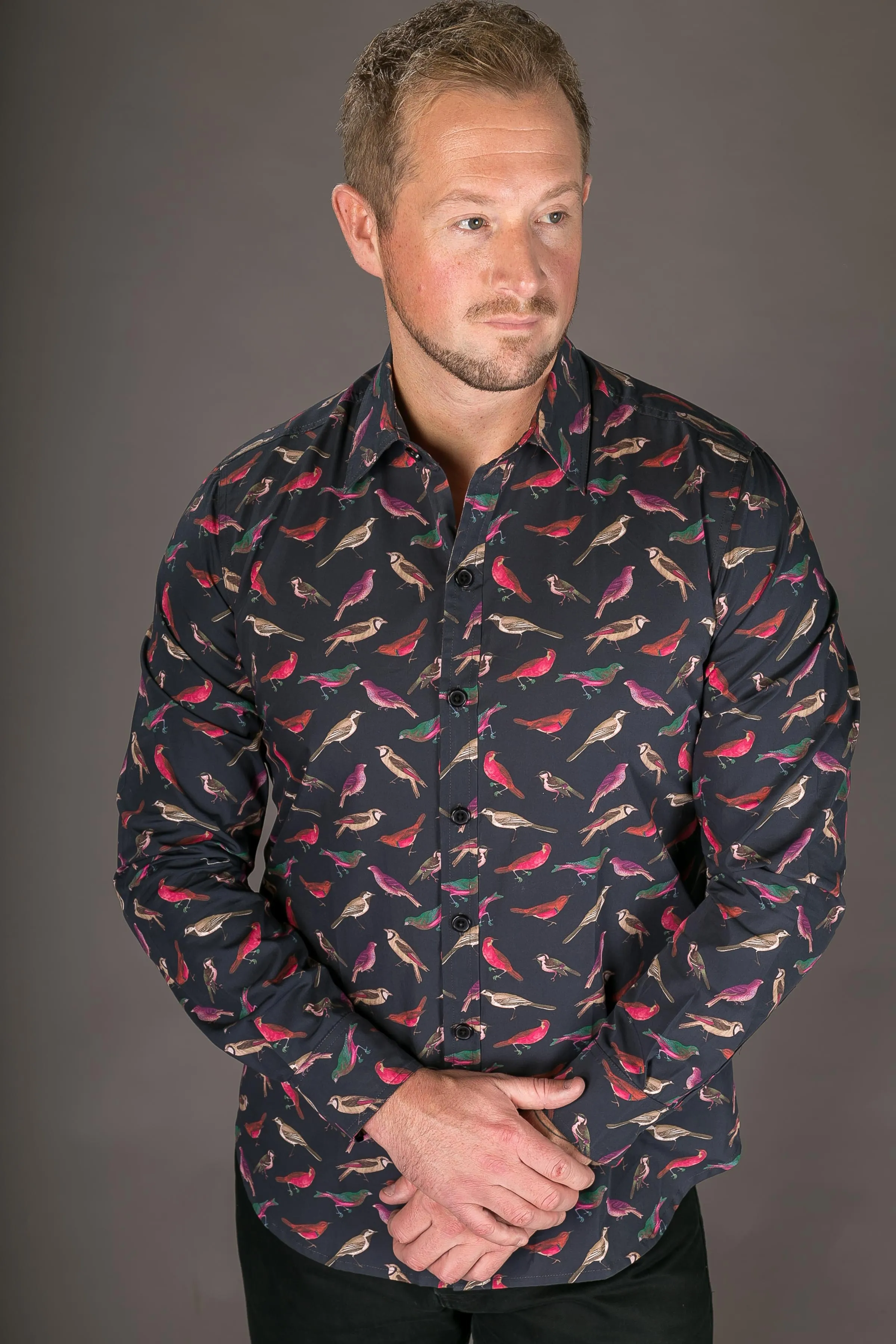 Birds Navy Blue Print Cotton Slim Fit Mens Shirt Long Sleeve