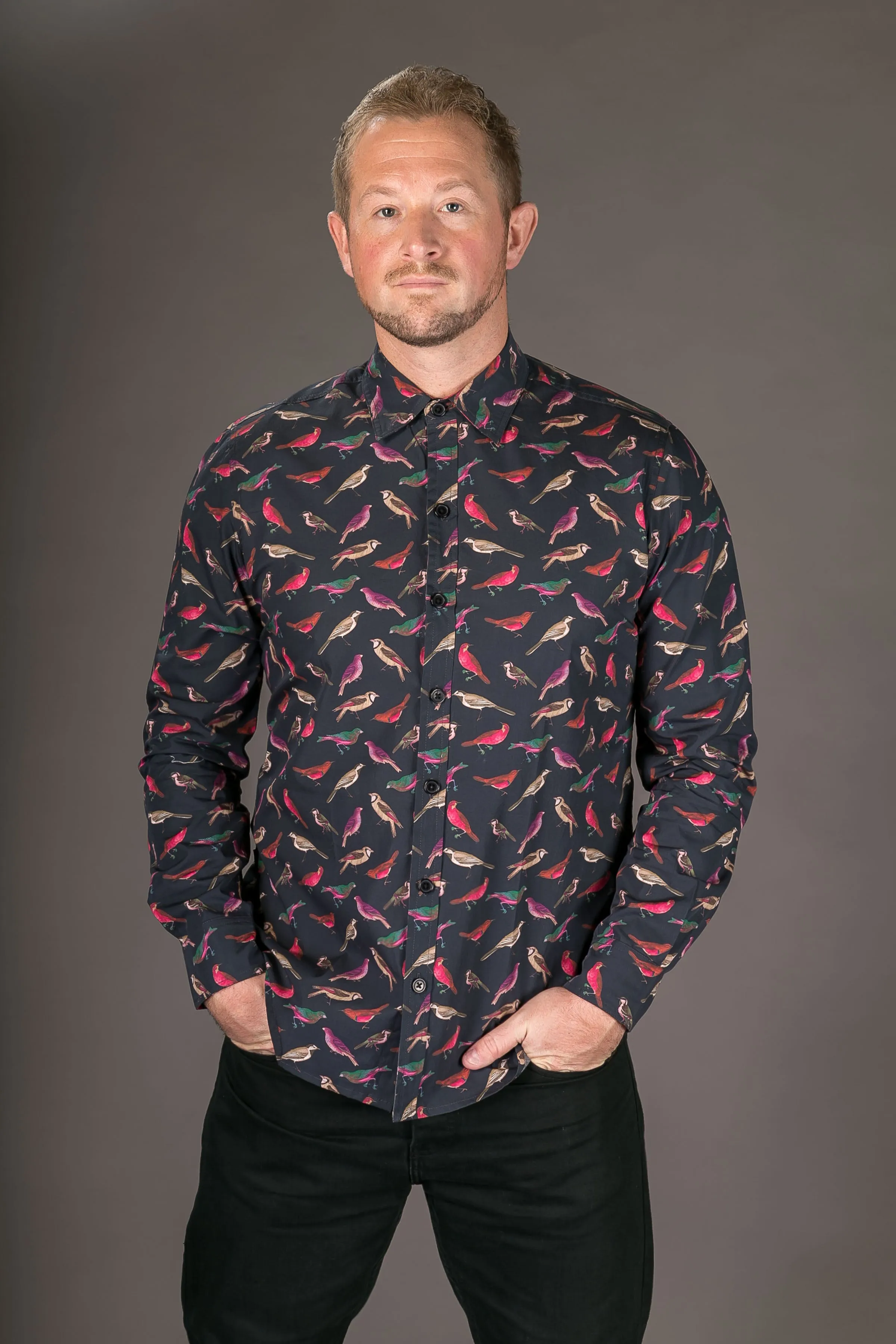 Birds Navy Blue Print Cotton Slim Fit Mens Shirt Long Sleeve