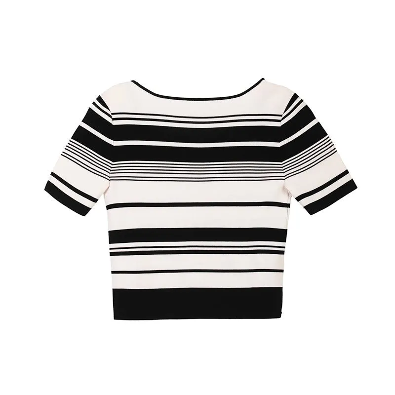 Black & White Striped Short Sleeve Knitted Sweater