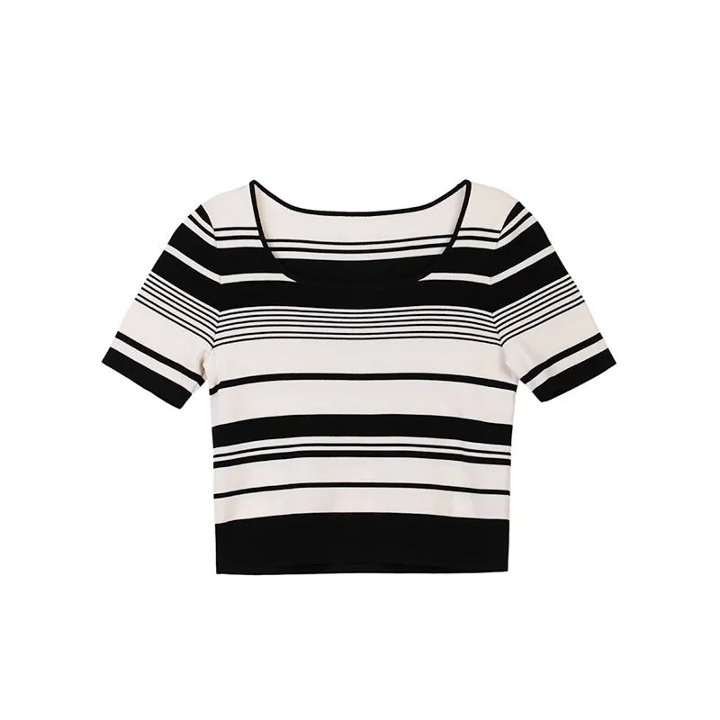 Black & White Striped Short Sleeve Knitted Sweater