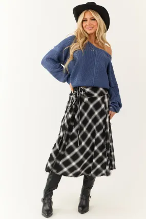 Black and Ivory Plaid Raw Hem Midi Skirt