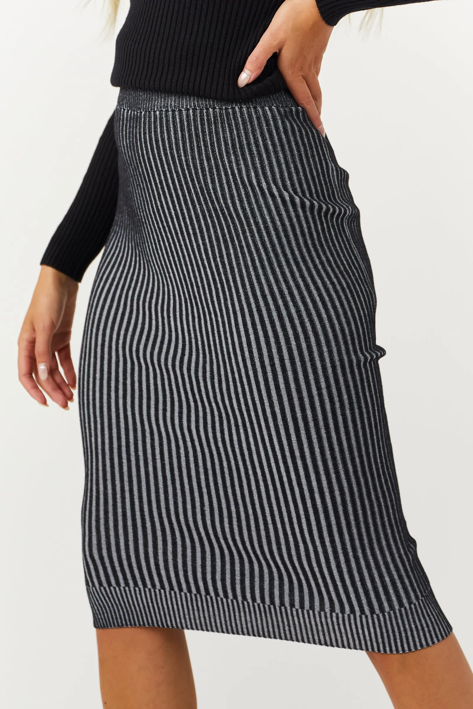 Black and Off White Ribbed Knit Midi Skirt