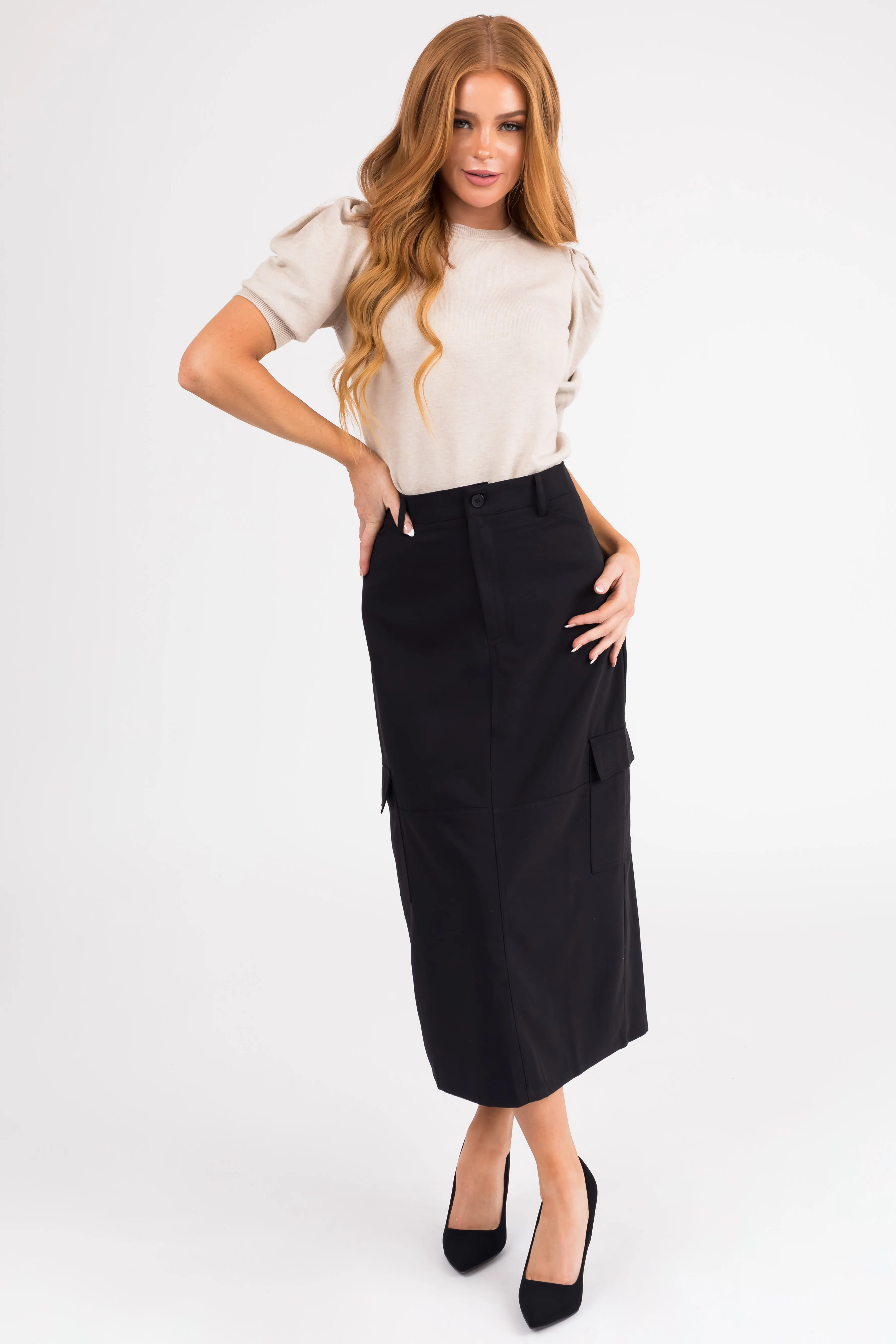 Black Cargo Midi Skirt with Pockets