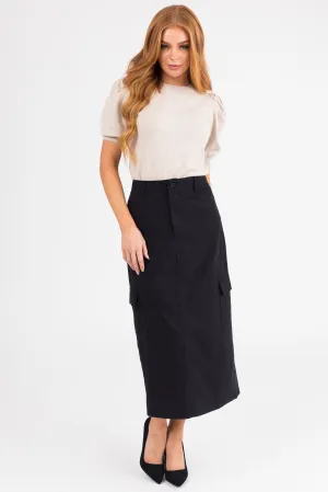 Black Cargo Midi Skirt with Pockets