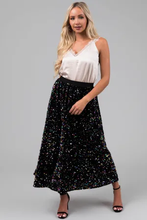 Black Colorful Sequin Velvet Midi Skirt