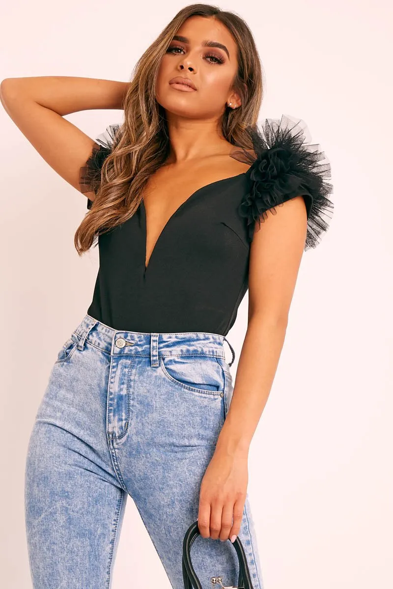 Black Deep Plunge Frill Shoulder Bodysuit - Danity