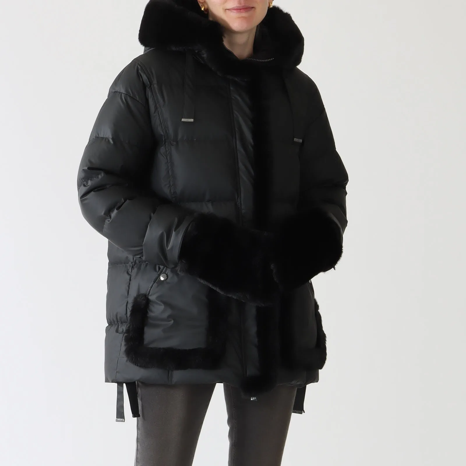 Black Down Fur Trimmed Hooded Coat