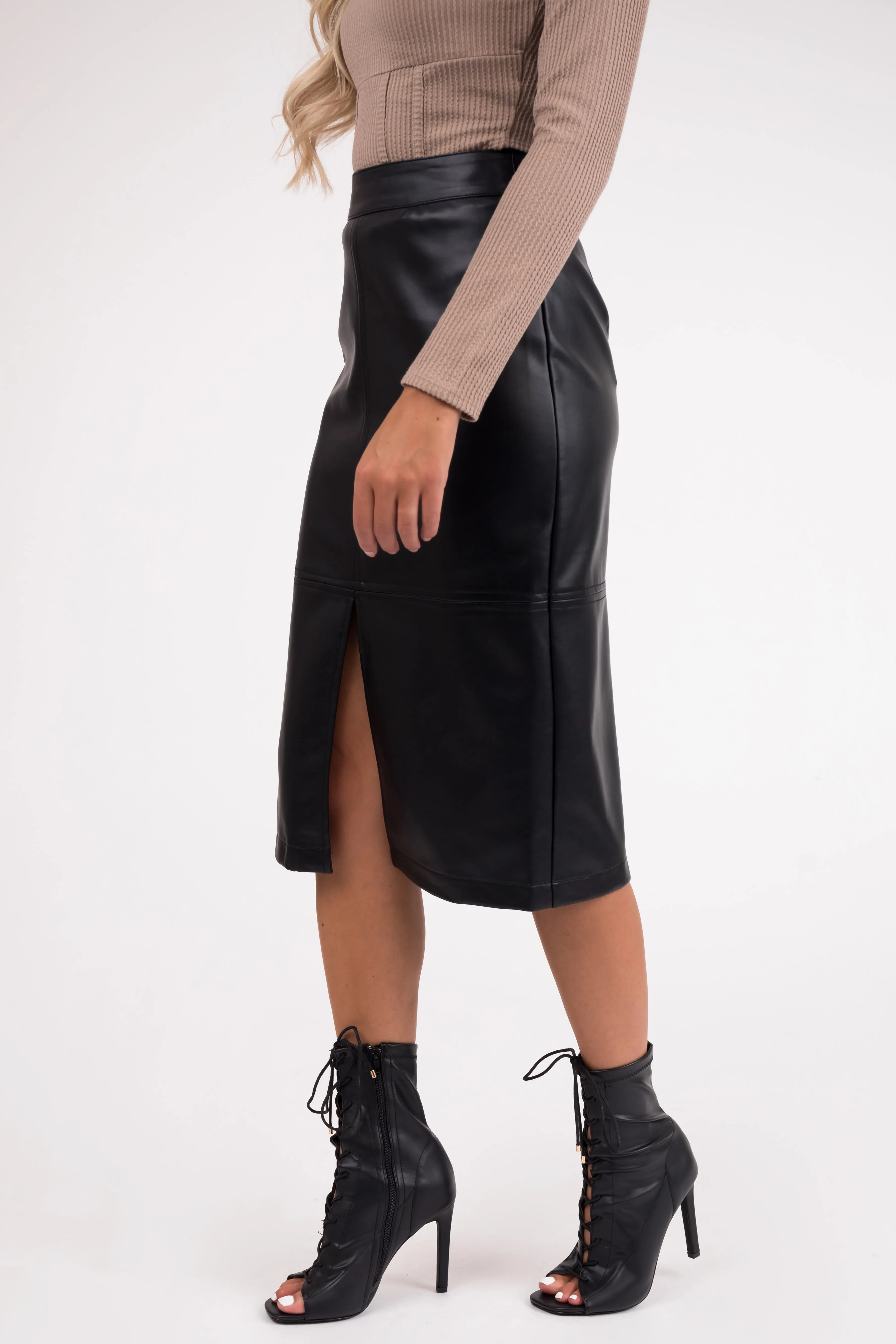 Black Faux Leather Front Slit Midi Skirt