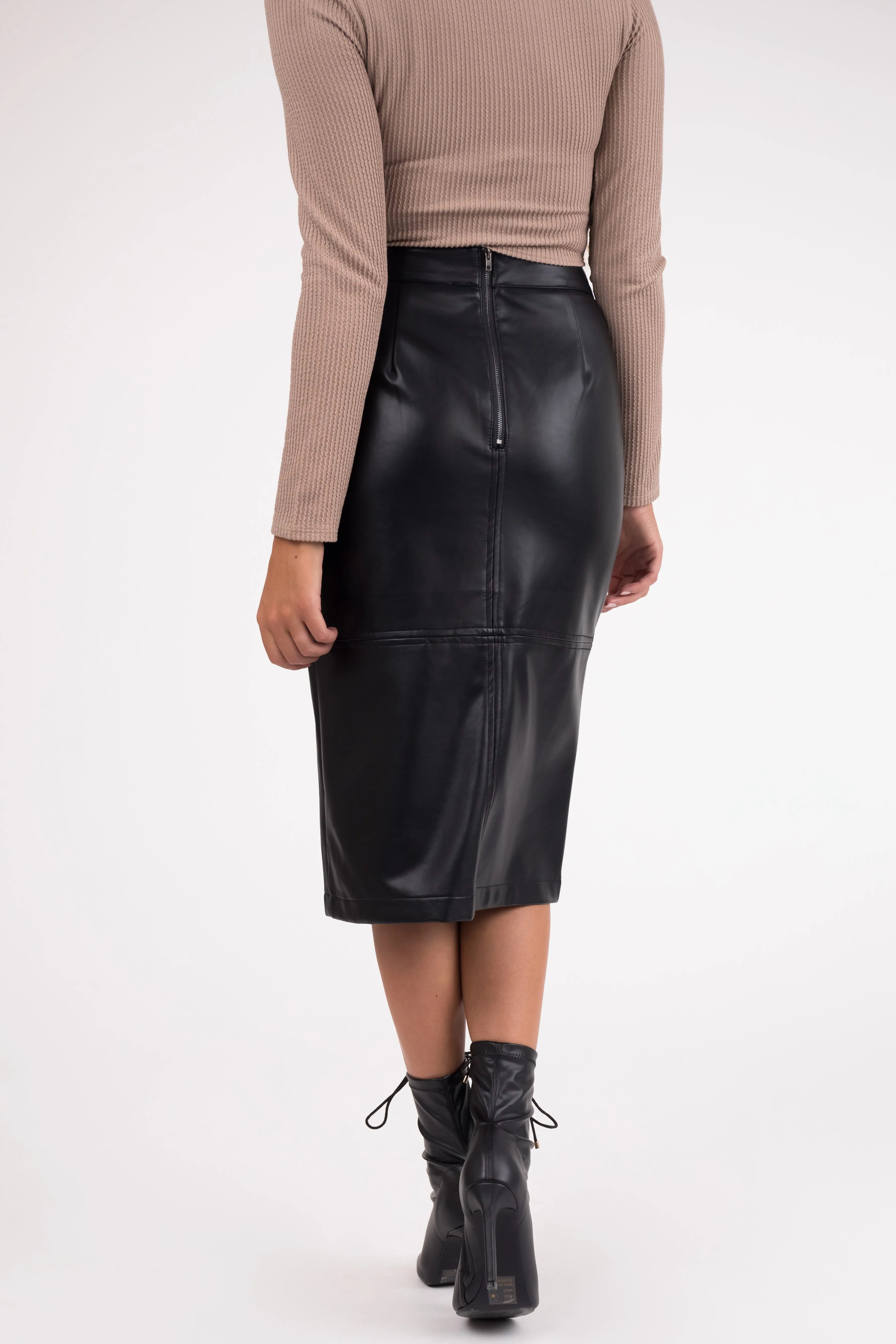 Black Faux Leather Front Slit Midi Skirt